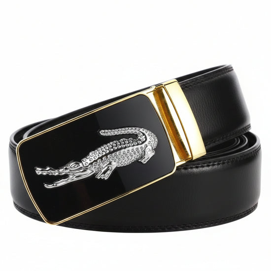 QHA Men's Alligator Buckle Ratchet Belt 35mm Holeless Black Q48 - Buckle Detail - QHA UK