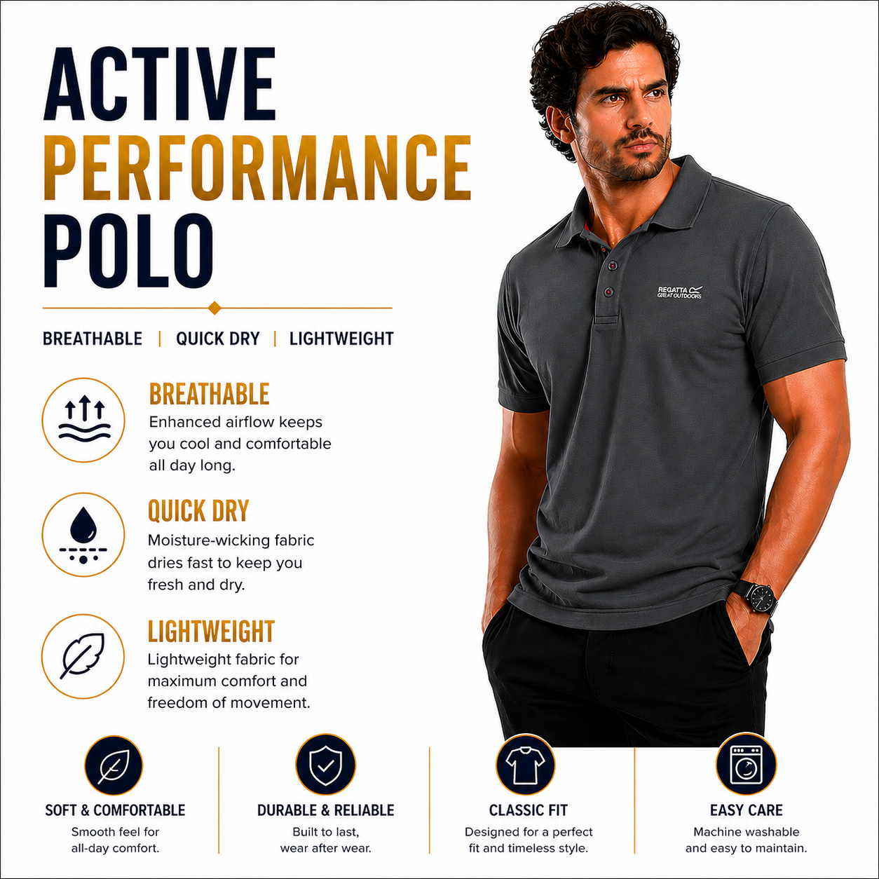 Regatta Mens Active Polo Shirt Quick Dry Breathable Sports T-Shirt | P - QHA UK