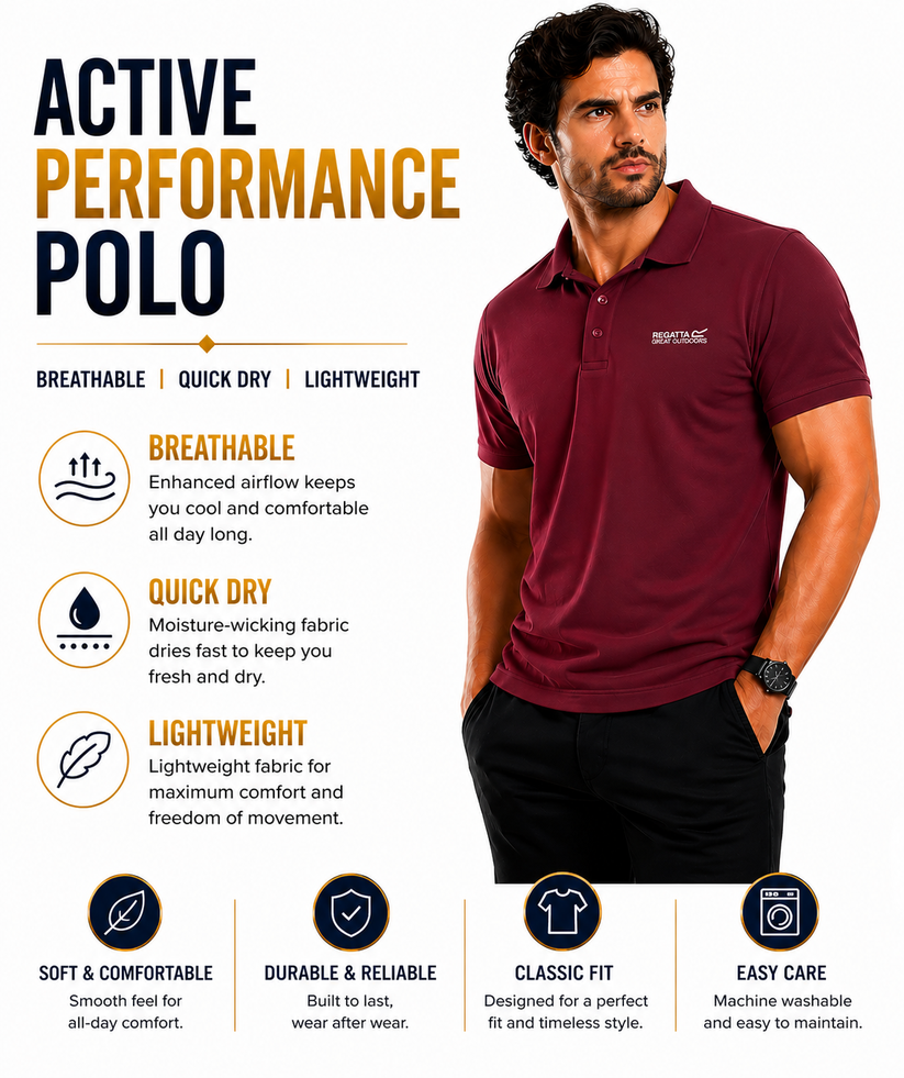 Regatta Mens Active Polo Shirt Quick Dry Breathable Sports T-Shirt | P - QHA UK