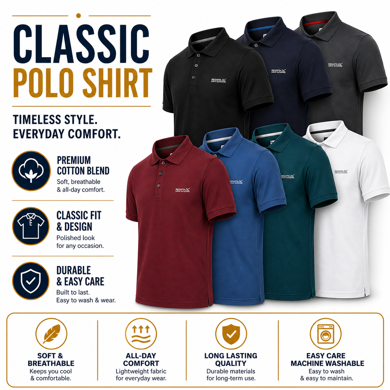 Regatta Mens Active Polo Shirt Quick Dry Breathable Sports T-Shirt | P - QHA UK