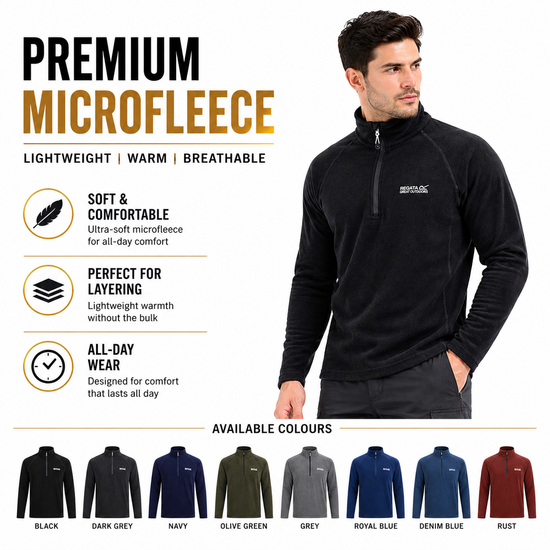 Regatta Mens Half Zip Fleece Lightweight Microfleece Outdoor Top - Zip Detail - QHA UK