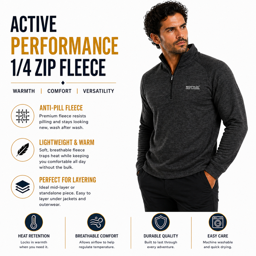 Regatta Thompson Marl Mens Quarter Zip Fleece Sweatshirt Pullover Top - Zip Detail - QHA UK