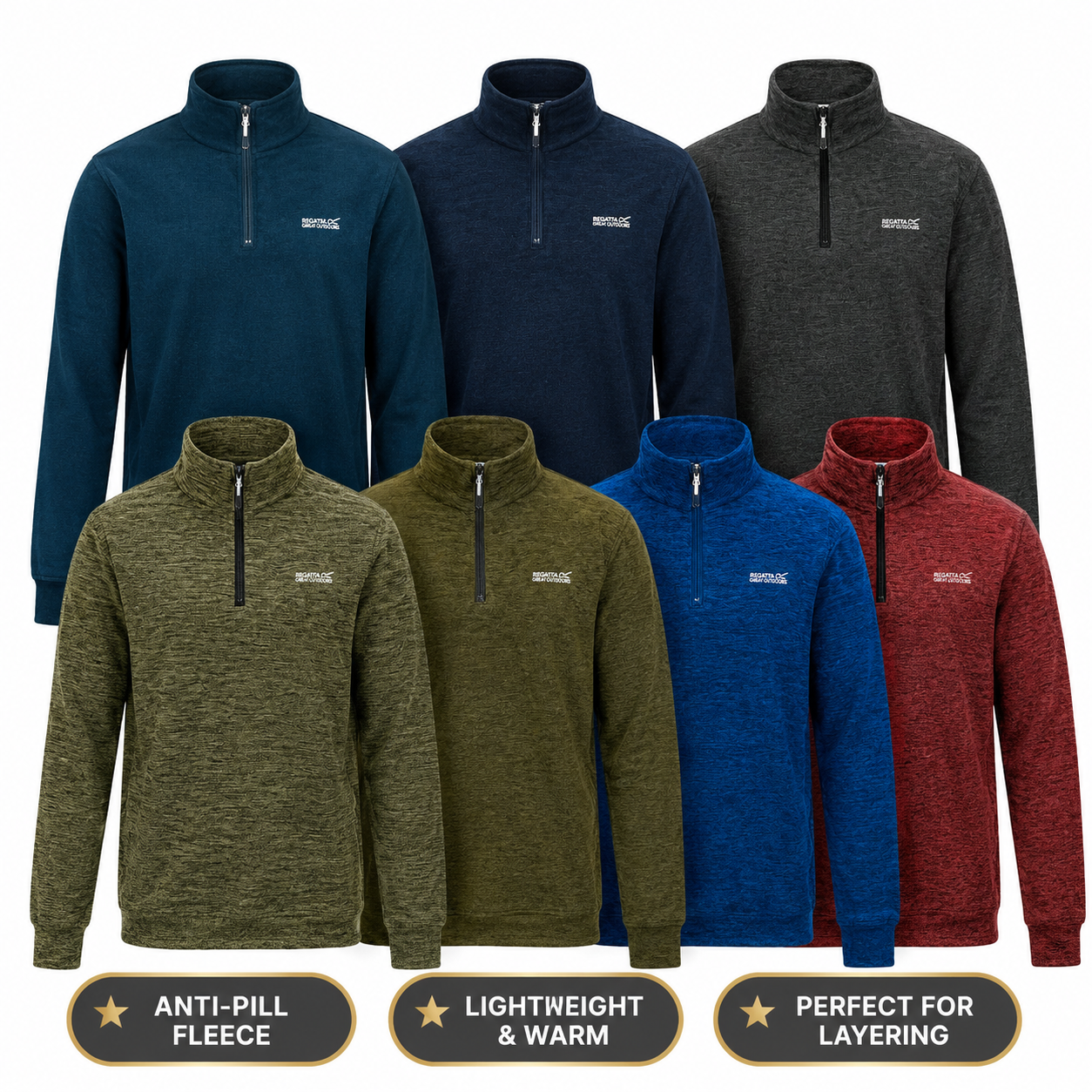 Regatta Thompson Marl Mens Quarter Zip Fleece Sweatshirt Pullover Top - Zip Detail - QHA UK