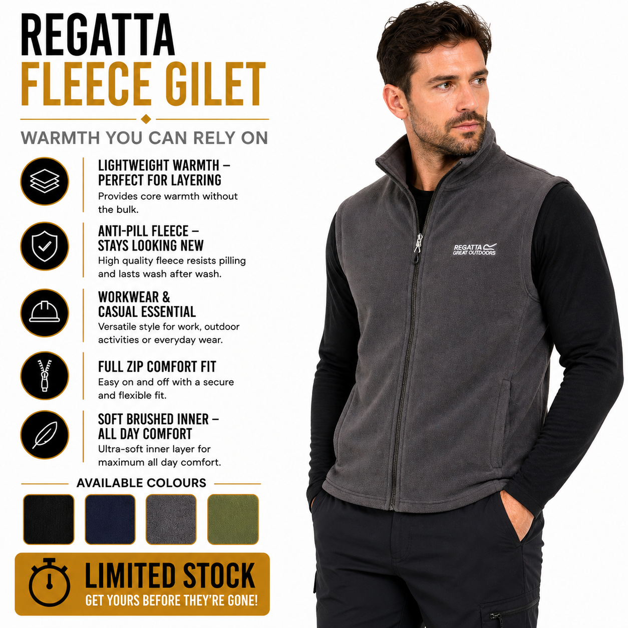 Regatta Tobias Men's Fleece Gilet | Full Zip Bodywarmer | 4 Colours | M–3XL - Zip Detail - QHA UK