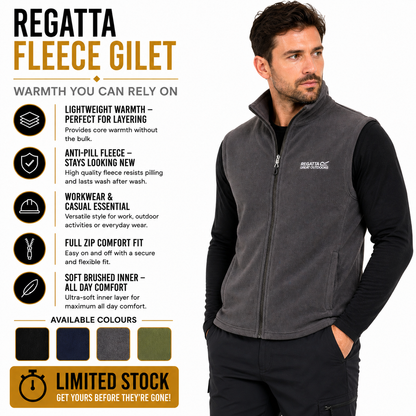Regatta Tobias Men's Fleece Gilet | Full Zip Bodywarmer | 4 Colours | M–3XL - Zip Detail - QHA UK