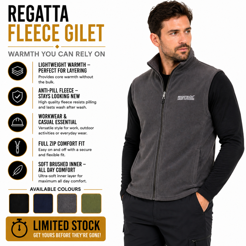 Regatta Tobias Men's Fleece Gilet | Full Zip Bodywarmer | 4 Colours | M–3XL - Zip Detail - QHA UK