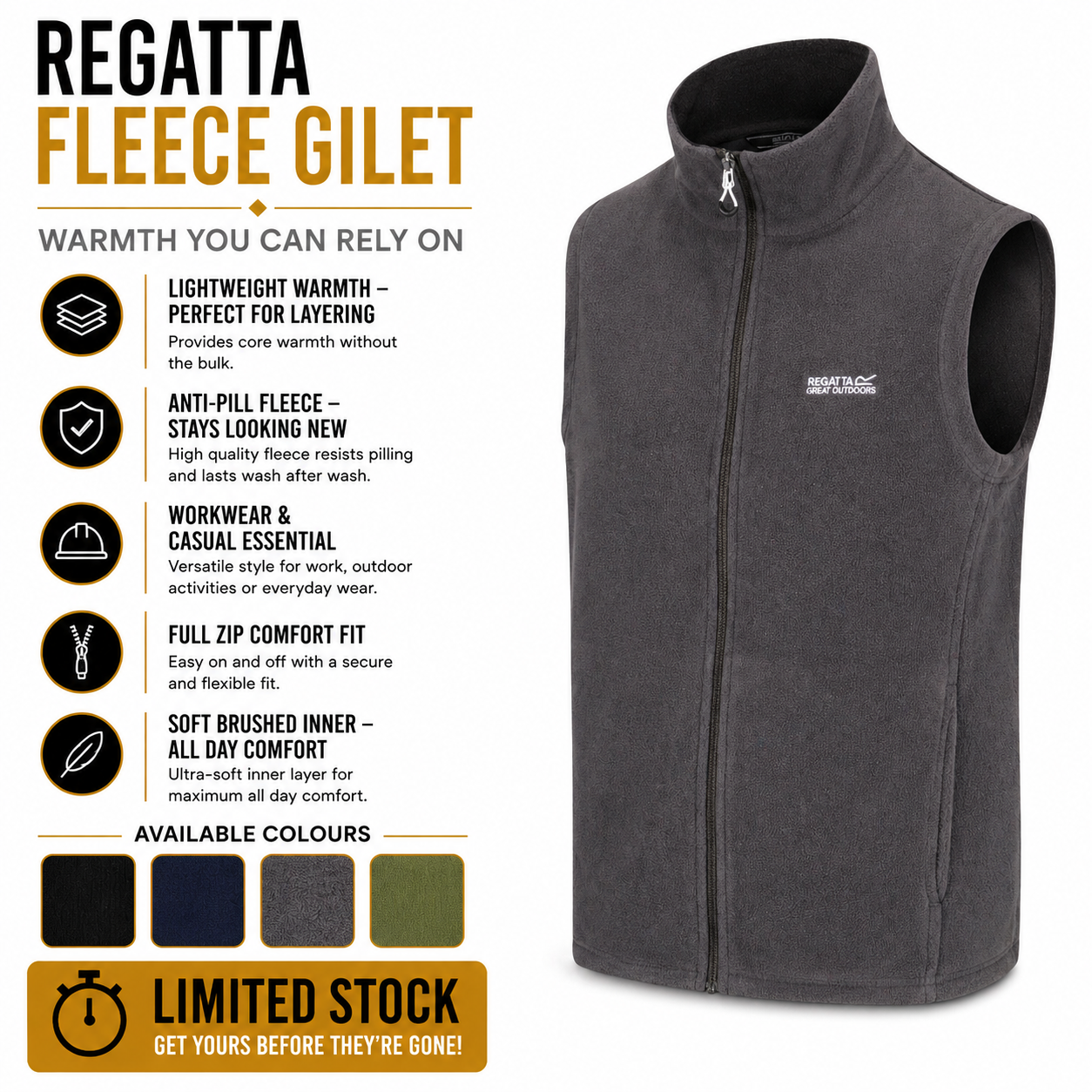 Regatta Tobias Men's Fleece Gilet | Full Zip Bodywarmer | 4 Colours | M–3XL - Zip Detail - QHA UK