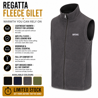 Regatta Tobias Men's Fleece Gilet | Full Zip Bodywarmer | 4 Colours | M–3XL - Zip Detail - QHA UK