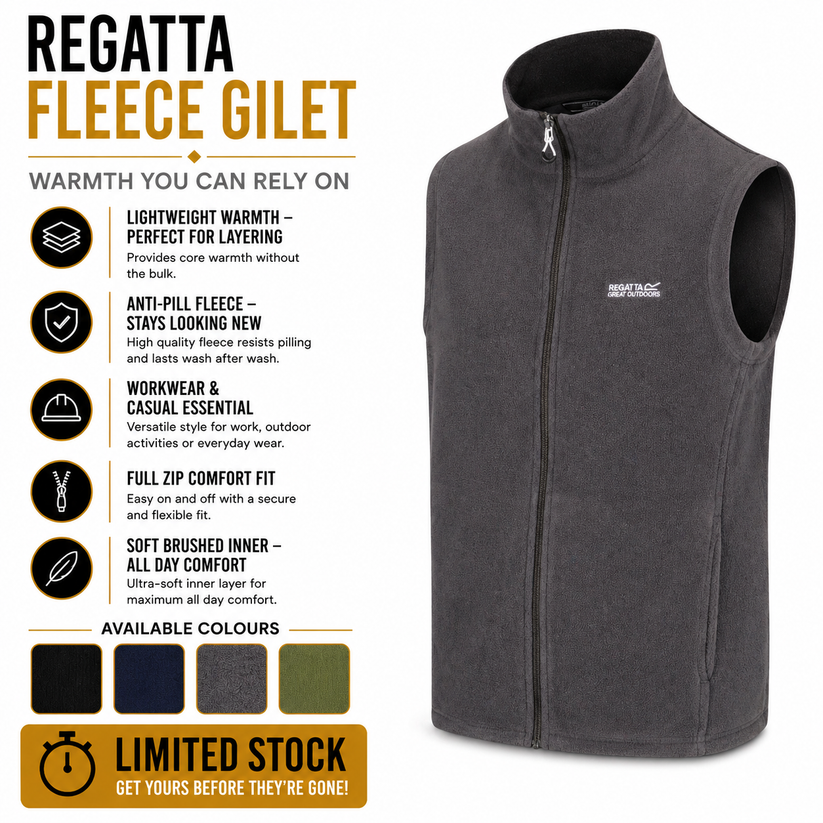 Regatta Tobias Men's Fleece Gilet | Full Zip Bodywarmer | 4 Colours | M–3XL - Zip Detail - QHA UK