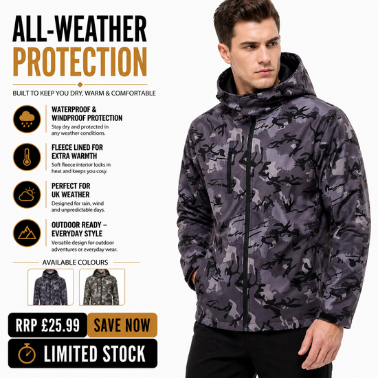 Mens Camo Softshell Jacket Hooded Waterproof Windproof Fleece Coat - QHA UK
