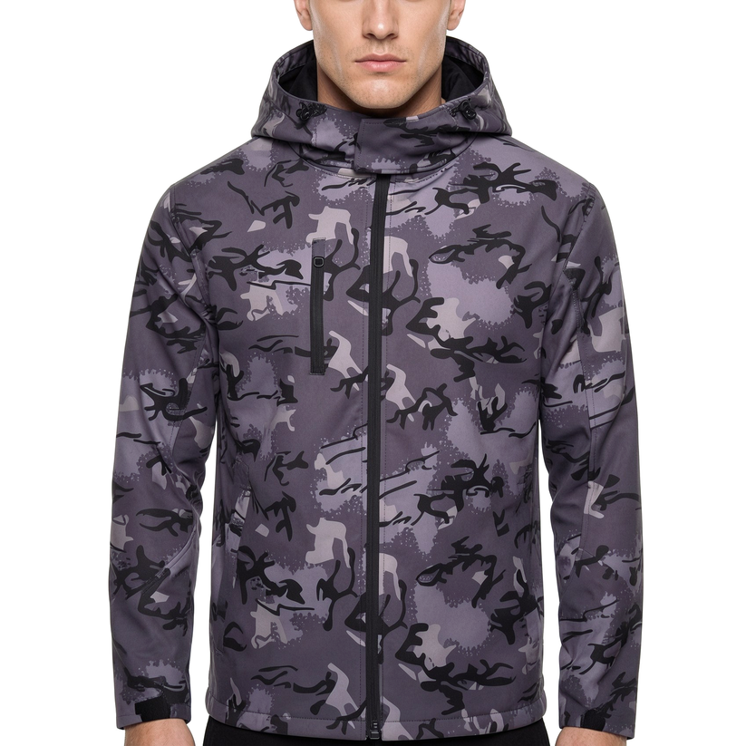 Mens Camo Softshell Jacket Hooded Waterproof Windproof Fleece Coat - QHA UK