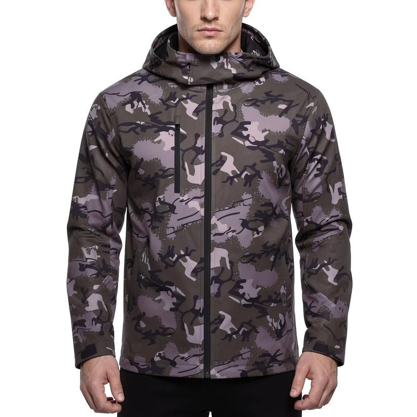 Mens Camo Softshell Jacket Hooded Waterproof Windproof Fleece Coat - QHA UK