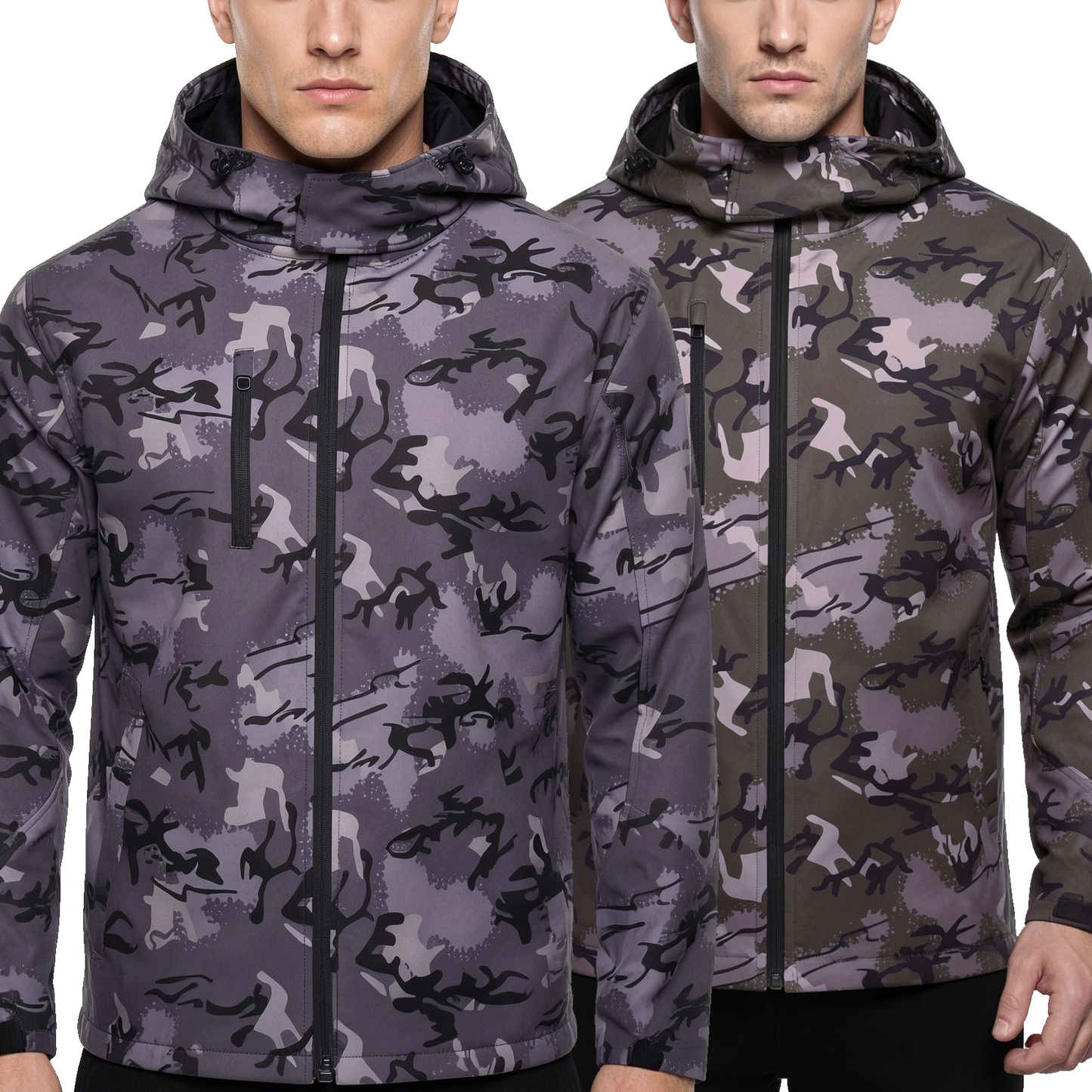 Mens Camo Softshell Jacket Hooded Waterproof Windproof Fleece Coat - QHA UK