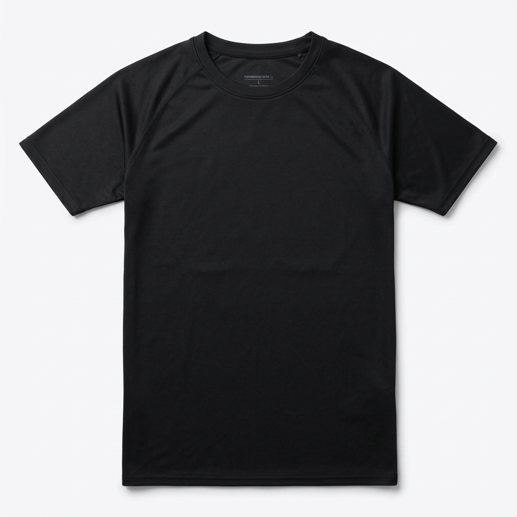 A black short-sleeve crewneck t-shirt laid flat against a light gray background.