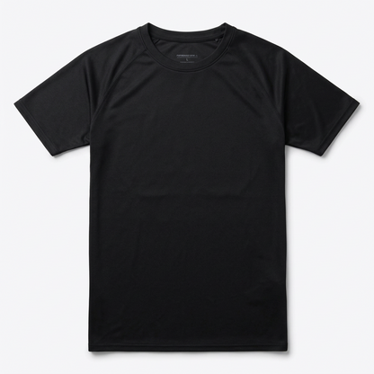 A black short-sleeve crewneck t-shirt laid flat against a light gray background.