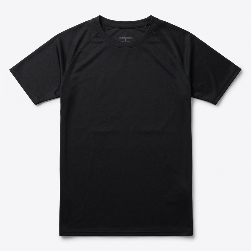 A black short-sleeve crewneck t-shirt laid flat against a light gray background.