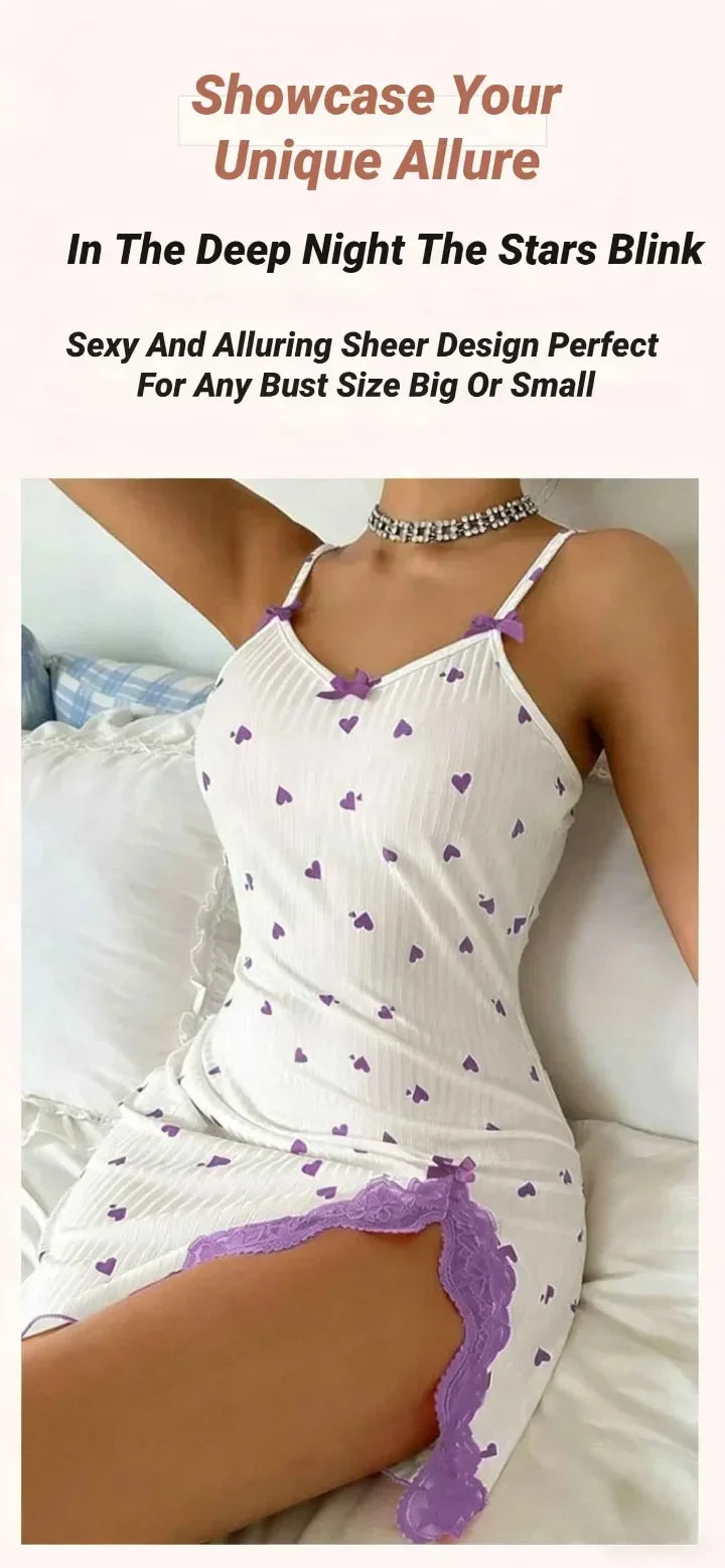 Womens Lace Trim Nightdress Heart Print Cami Sleepwear Bow Nightie - Pattern Detail - QHA UK