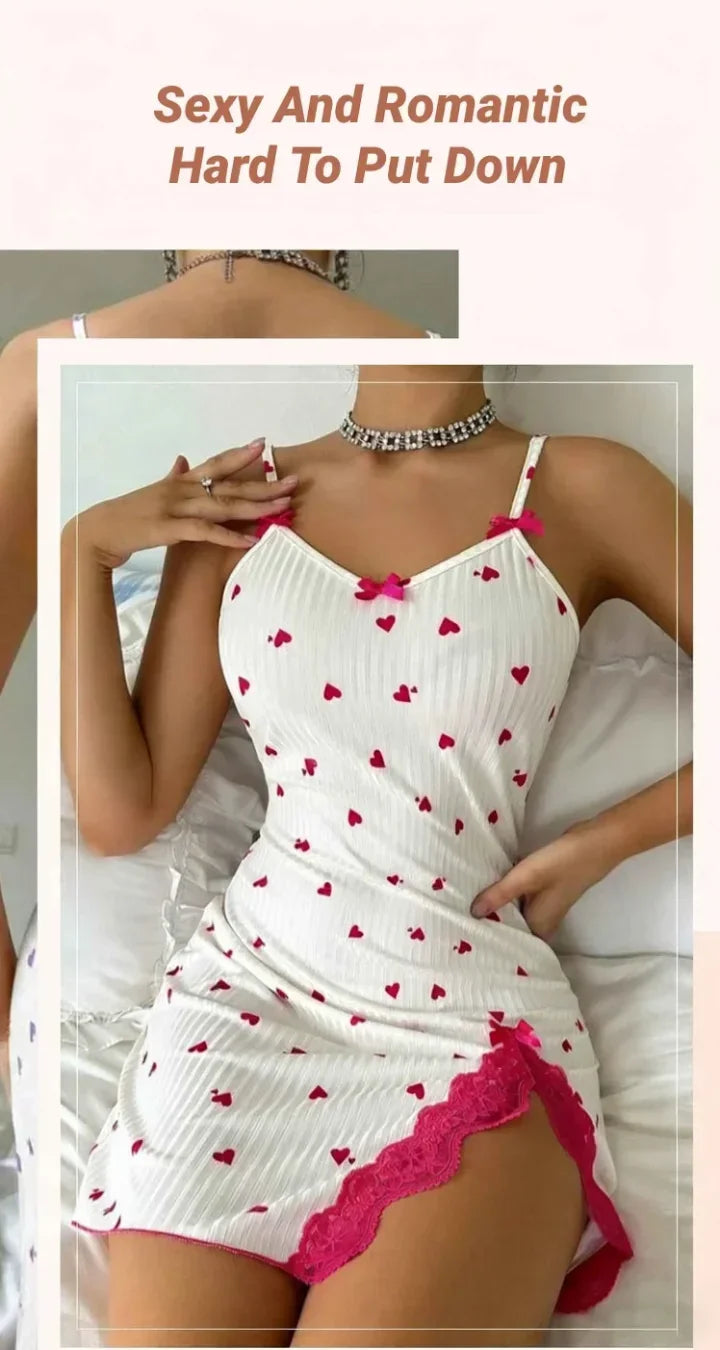 Womens Lace Trim Nightdress Heart Print Cami Sleepwear Bow Nightie - Pattern Detail - QHA UK