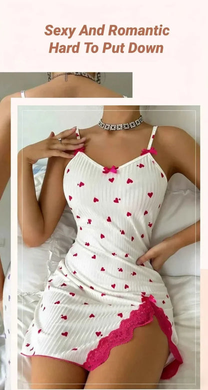 Womens Lace Trim Nightdress Heart Print Cami Sleepwear Bow Nightie - Pattern Detail - QHA UK