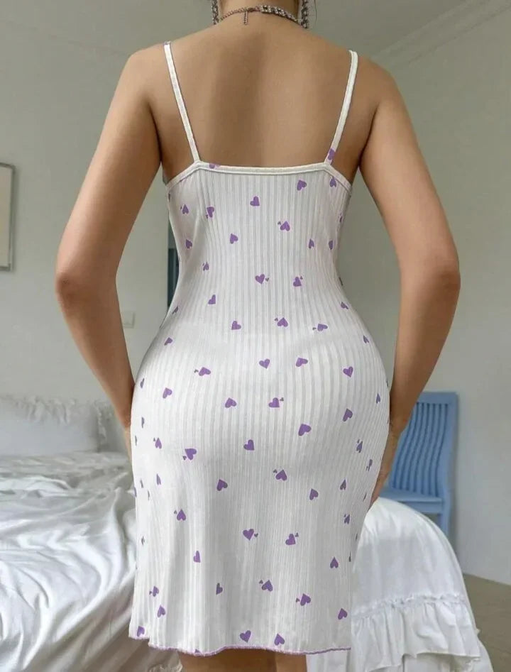 Womens Lace Trim Nightdress Heart Print Cami Sleepwear Bow Nightie - Pattern Detail - QHA UK