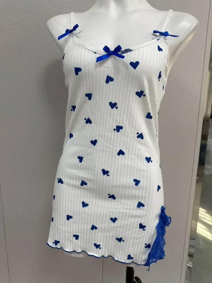 Womens Lace Trim Nightdress Heart Print Cami Sleepwear Bow Nightie - Pattern Detail - QHA UK
