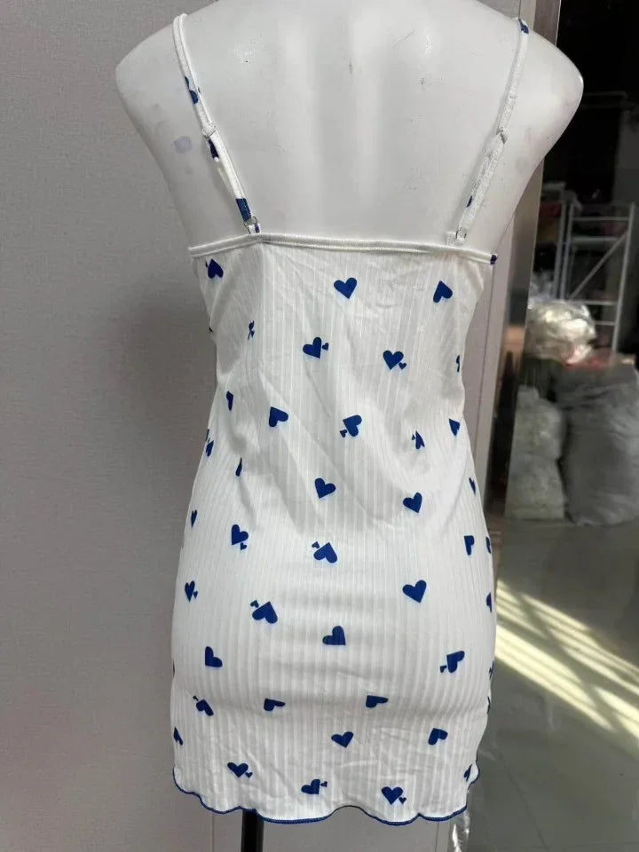 Womens Lace Trim Nightdress Heart Print Cami Sleepwear Bow Nightie - Pattern Detail - QHA UK