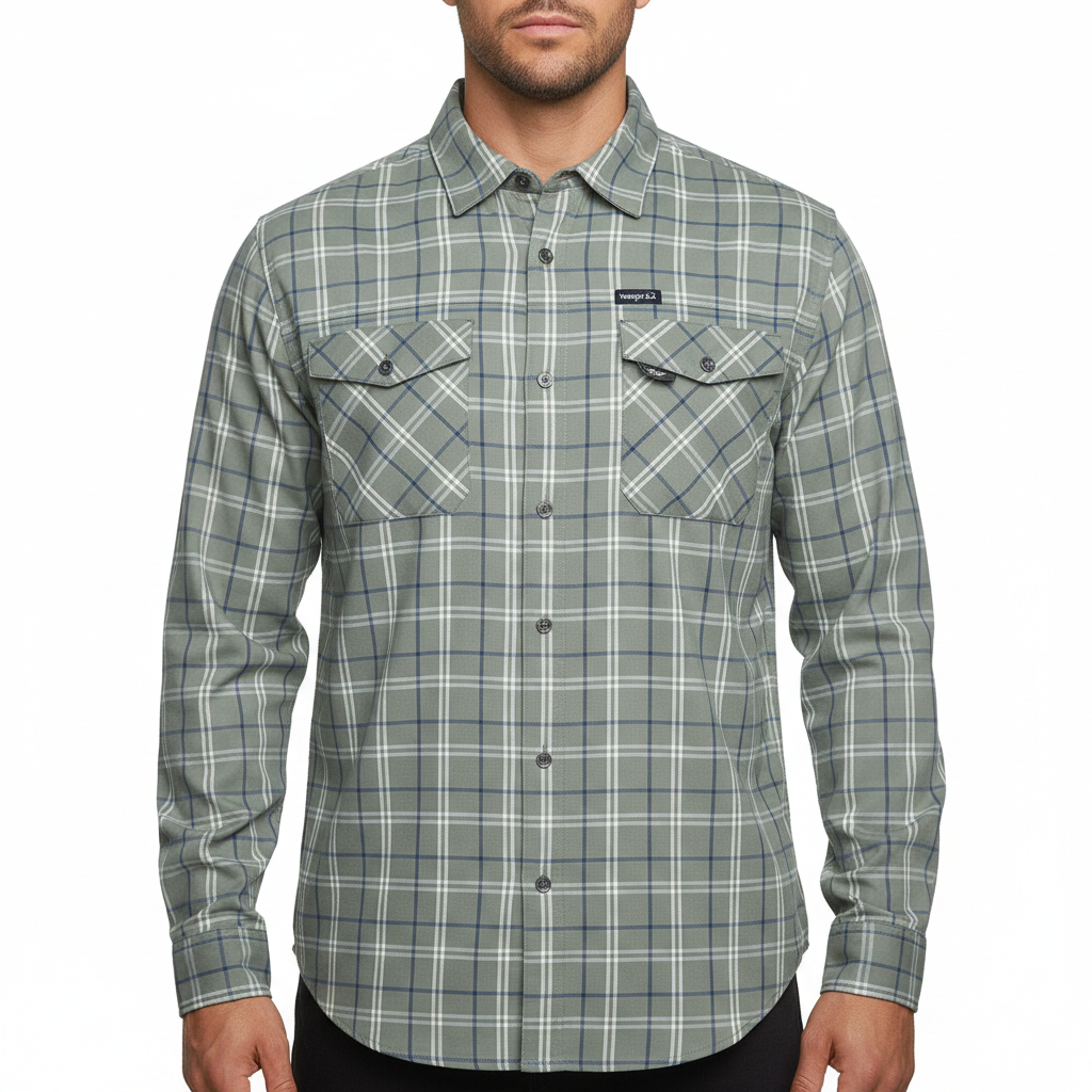 Wrangler Men's 2 Pocket Utility Shirt Navy Green Check L-2XL | QHA UK - QHA UK