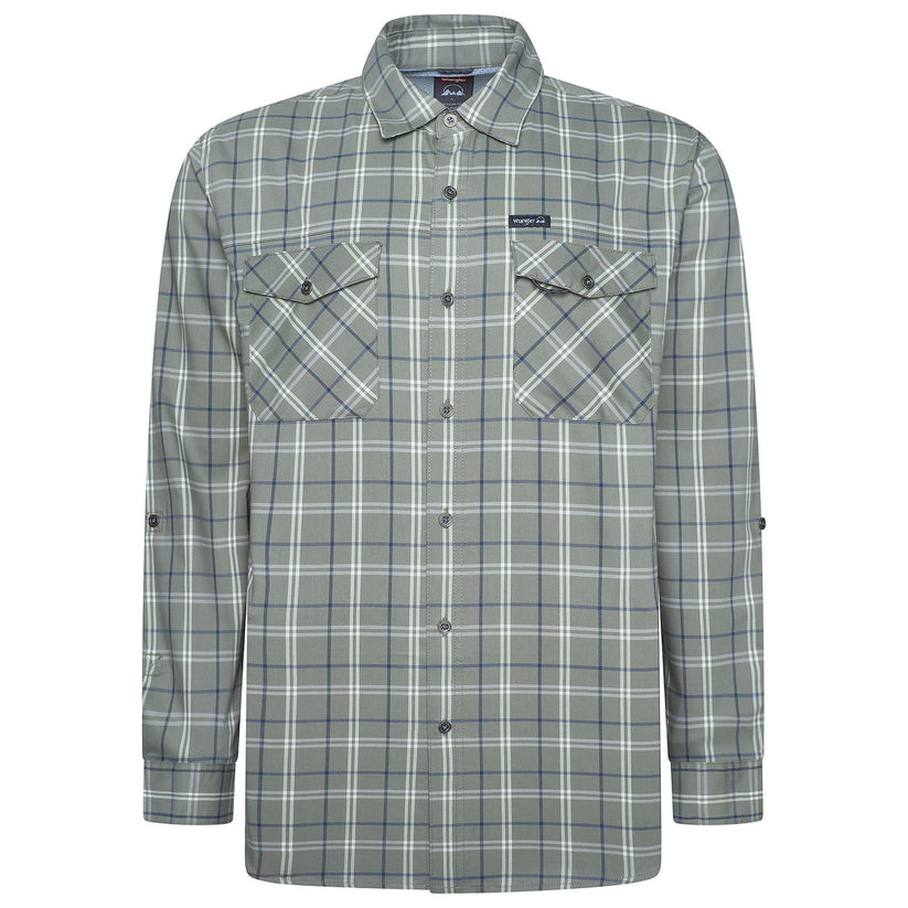 Wrangler Men's 2 Pocket Utility Shirt Navy Green Check L-2XL | QHA UK - Left Side View - QHA UK