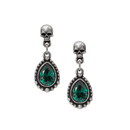 Alchemy Gothic Earrings Skull Green Crystal Dangle - QHA UK