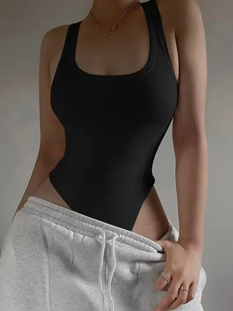 Womens Ribbed Bodysuit Sleeveless Stretch Bodycon Summer Vest Top - QHA UK