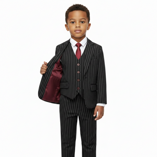 SUITLAB London Boys Black Striped 3 Piece Tuxedo Set | Ages 2–12 | UK - QHA UK