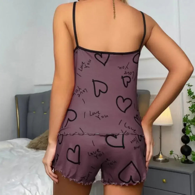 Womens Heart Print Pyjama Set Ice Silk T-Shirt Shorts Summer Sleepwear - Pattern Detail - QHA UK