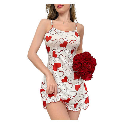 Women Heart Print Nightdress Strap Mini Nightie Summer Sleepwear - QHA UK
