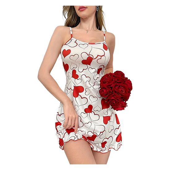Women Heart Print Nightdress Strap Mini Nightie Summer Sleepwear - QHA UK