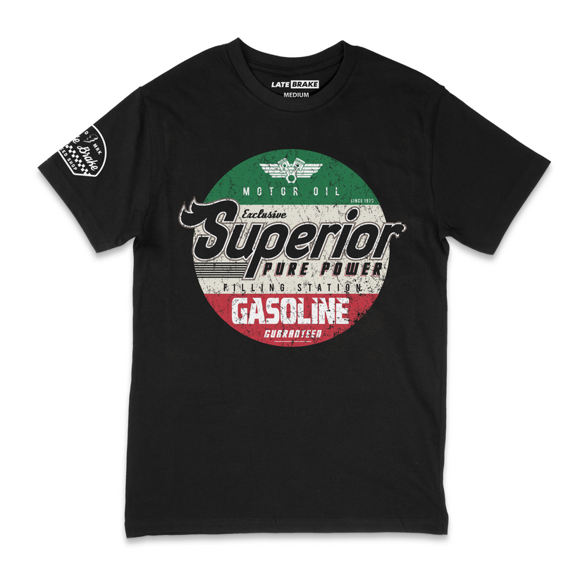 Late Brake Superior Gasoline T-Shirt Cotton Car Enthusiast Tee 180gsm - QHA UK