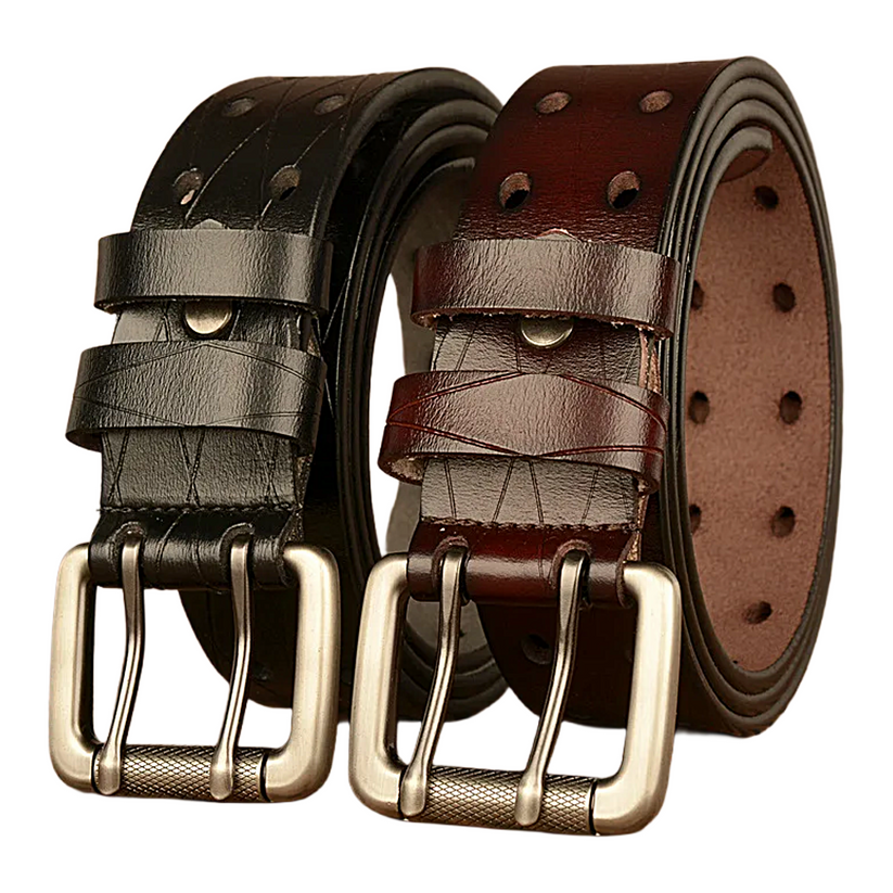Mens Genuine Leather Belt Double Pin Buckle Cowhide Jeans Black - QHA UK