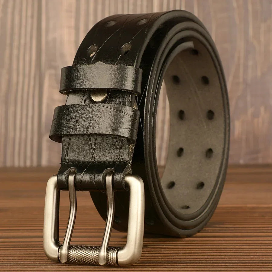 Mens Genuine Leather Belt Double Pin Buckle Cowhide Jeans Black - Buckle Detail - QHA UK