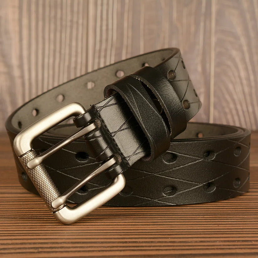 Mens Genuine Leather Belt Double Pin Buckle Cowhide Jeans Black - Buckle Detail - QHA UK