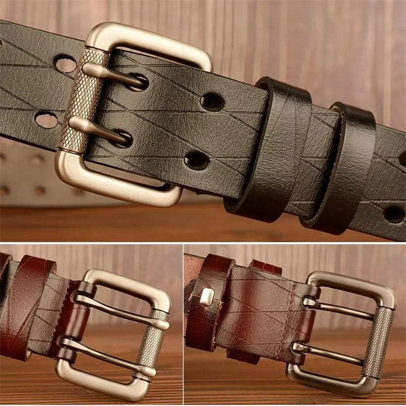 Mens Genuine Leather Belt Double Pin Buckle Cowhide Jeans Black - Buckle Detail - QHA UK