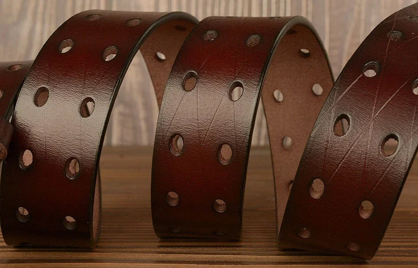 Mens Genuine Leather Belt Double Pin Buckle Cowhide Jeans Black - Buckle Detail - QHA UK