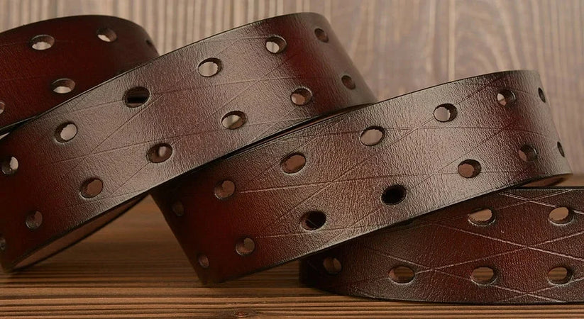 Mens Genuine Leather Belt Double Pin Buckle Cowhide Jeans Black - Buckle Detail - QHA UK
