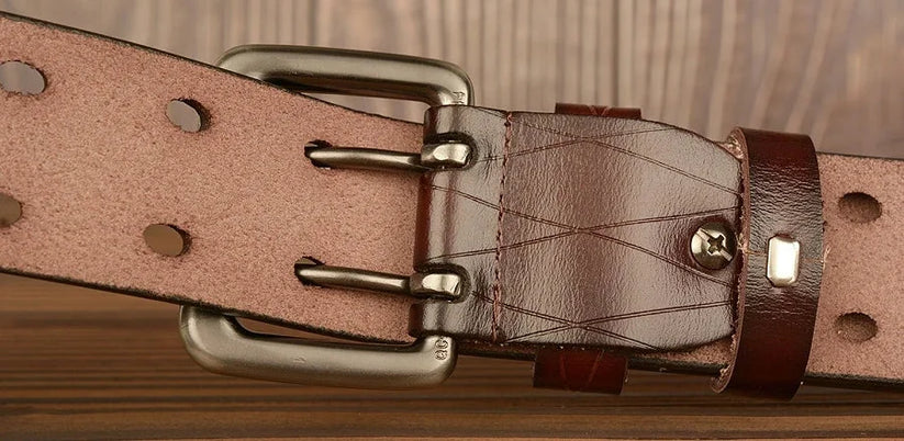 Mens Genuine Leather Belt Double Pin Buckle Cowhide Jeans Black - Buckle Detail - QHA UK