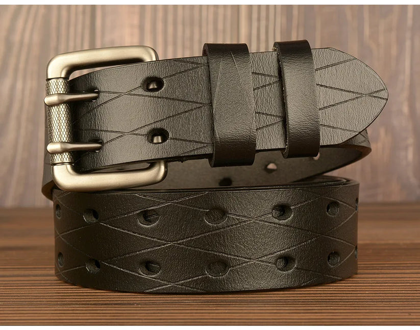 Mens Genuine Leather Belt Double Pin Buckle Cowhide Jeans Black - Buckle Detail - QHA UK