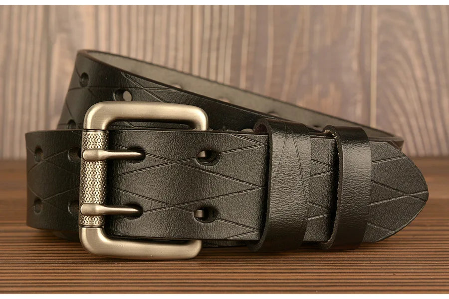 Mens Genuine Leather Belt Double Pin Buckle Cowhide Jeans Black - Buckle Detail - QHA UK