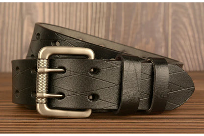 Mens Genuine Leather Belt Double Pin Buckle Cowhide Jeans Black - Buckle Detail - QHA UK