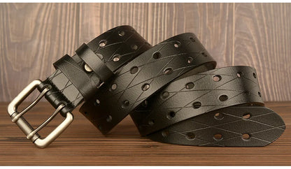 Mens Genuine Leather Belt Double Pin Buckle Cowhide Jeans Black - Buckle Detail - QHA UK