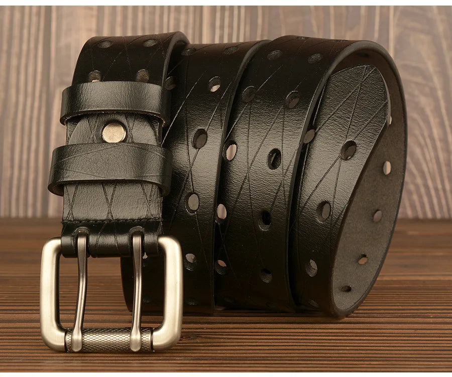 Mens Genuine Leather Belt Double Pin Buckle Cowhide Jeans Black - Buckle Detail - QHA UK
