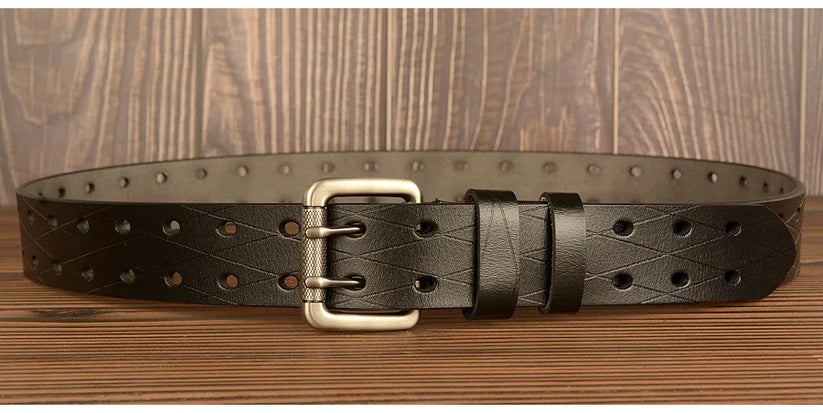 Mens Genuine Leather Belt Double Pin Buckle Cowhide Jeans Black - Buckle Detail - QHA UK