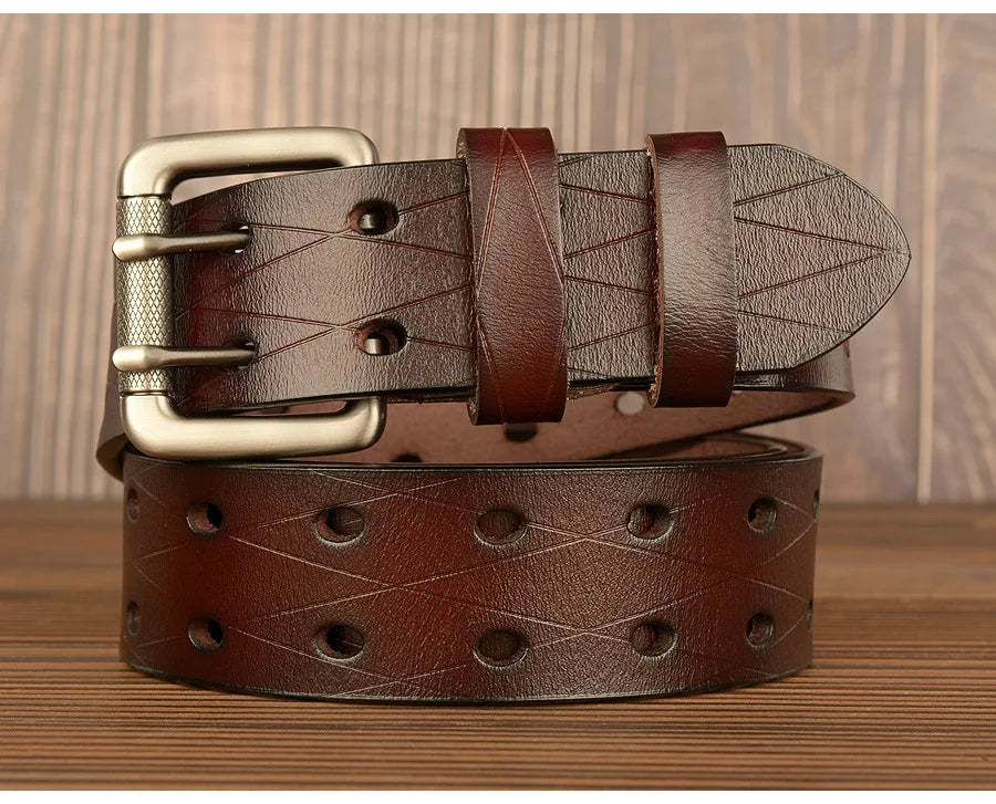 Mens Genuine Leather Belt Double Pin Buckle Cowhide Jeans Black - Buckle Detail - QHA UK