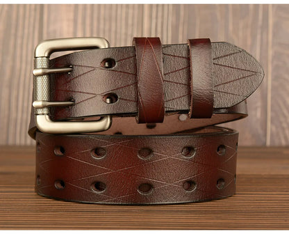 Mens Genuine Leather Belt Double Pin Buckle Cowhide Jeans Black - Buckle Detail - QHA UK